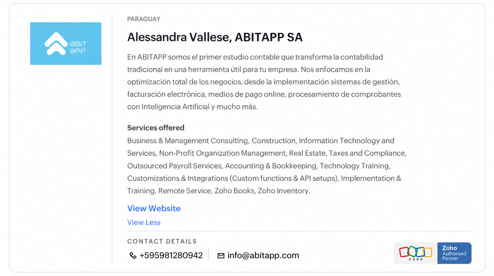 ABITAPP listado como Zoho Finance Advisor en Paraguay